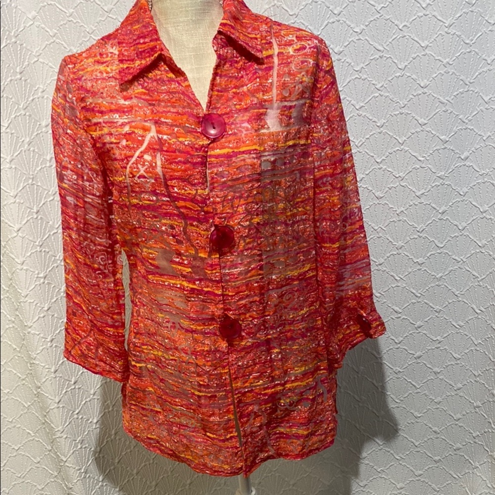 Multiples Vibrant Red Button-Down Shirt sheer jac… - image 1